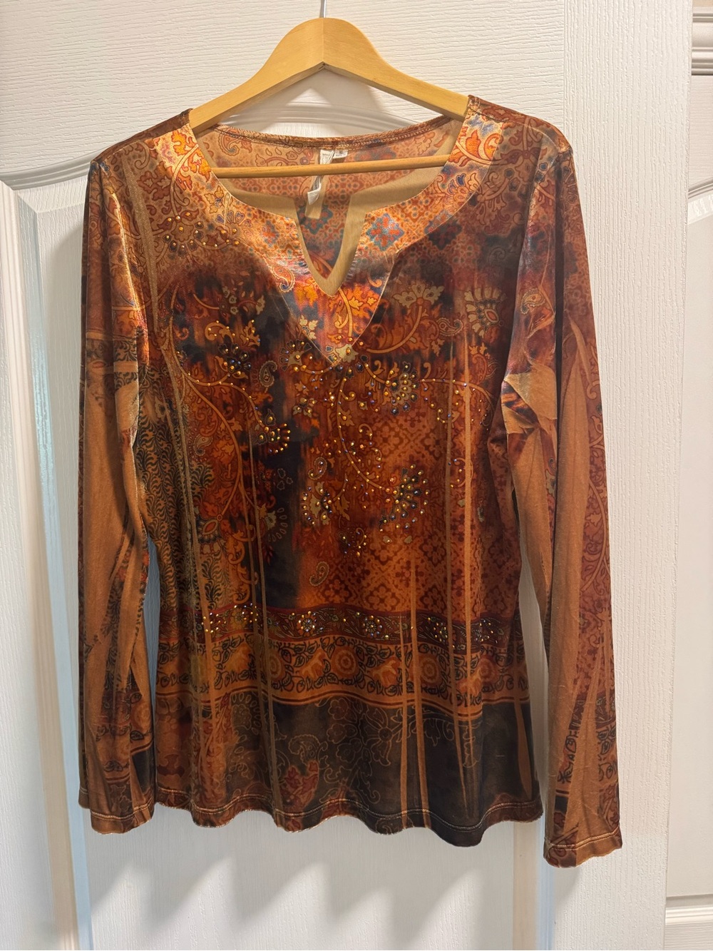 Paisley Embellished V-Neck Long Sleeve Top - Brown Multi